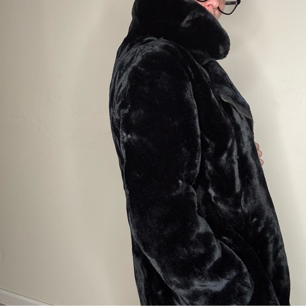 Vintage Borgana Black Faux Fur Coat Leather Trim Glam Jacket Old Hollywood S/M